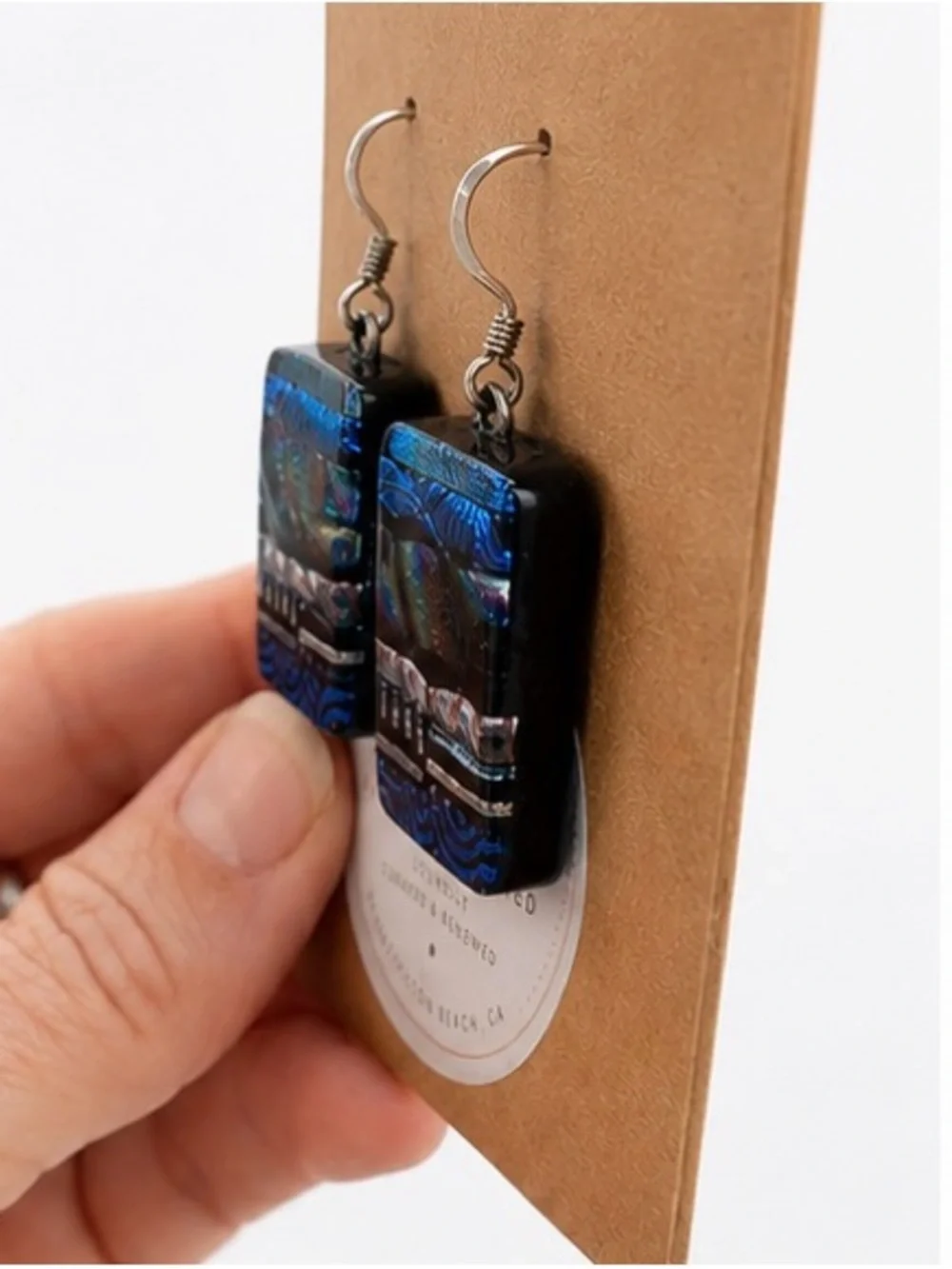 Artisan Dichroic Glass Drop Earrings | Blue Iridescent Fused Glass Dangles